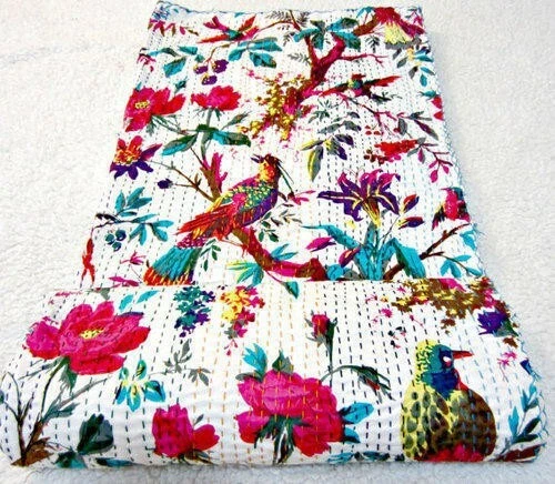 Colcha Kantha de algodón indio azul pájaros impresa ropa de cama manta blanca Foto 4 de 4