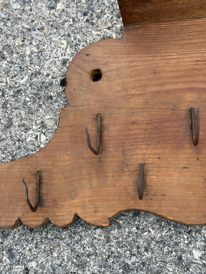 Antique game board yellow pine wrought iron hooks primitive wall hanging - Image 3 of 4