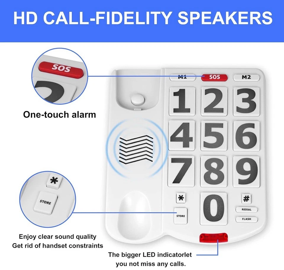 Teléfono con cable botón grande con timbre extra fuerte LD-265 en caja original Foto 3 de 4