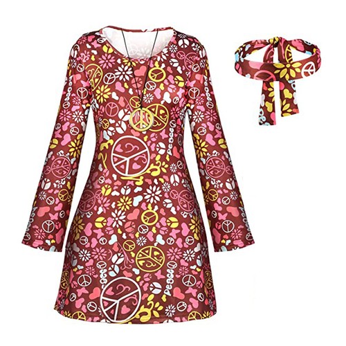 Womens Ladies Flower Power Hippie Girl Costume Groovy 1970s Adult Fancy Dress - Picture 9 of 14
