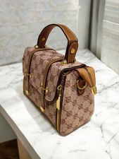 Elegant Brown Designer, Handbag Monogram Pattern Shoulder Bag with Gold Accents