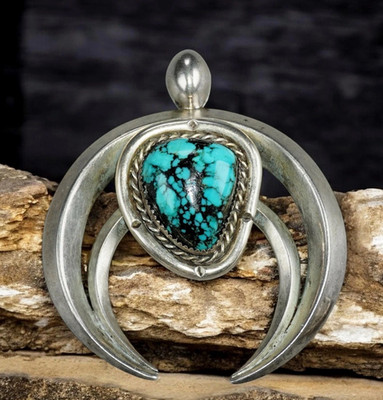 NAVAJO Vintage TURQUOISE Spiderweb NAJA PENDANT Squash Blossom *ENHANCER* Signed