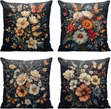 Boho Flower Throw Pillow Covers 18x18 Set of 4 Botanical Butterfly Moth Decorati