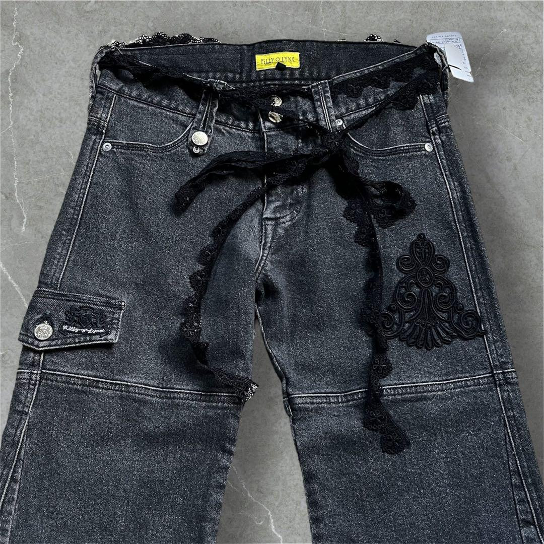 FiLLY O'LYNX Y2K Black Denim Flared Pants, Stretch & Lace FiLLY O'LYNX Y2K Black Denim Flared Pants, Stretch & Lace
