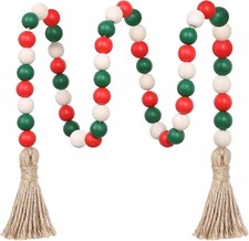 Christmas Wood Bead Garland,39in Farmhouse Beads with Tassels Tiered Tray Decor