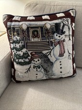 Christmas Snowman Christmas Tree And House Tapestry Pillow 16x16