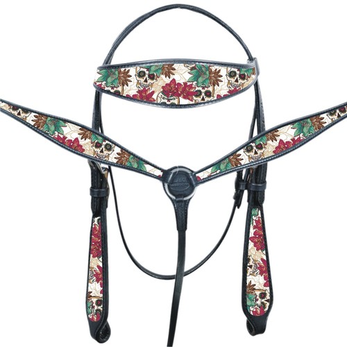 Ensemble Collier De Poitrail (Breast Collar) Western Pour Cheval - Cuir Américain Hilason - Motif Floral Marron/Turquoise - Neuf