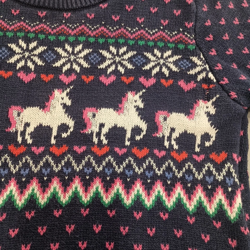 Suéter Niñas Unicornio Copo de Nieve Corazones Azul Marino y Rosa Oshkosh B'gosh Talla 14 Y2K Foto 2 de 4