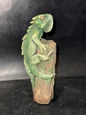 Resin Iguana 7” Figurine Climbing on Real Wood Log