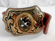 Looper 950D Belt Mens 40 Brown Tooled Leather Western Duck Buckle Black Gold