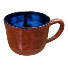 Handmade Studio Pottery Mug Cosmic Blue Glaze Orange Speckled Ceramic Cup Signed
