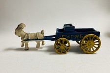 Vintage Cast Iron Blue Yellow "Express" Goat Ram Pulling Wagon Toy