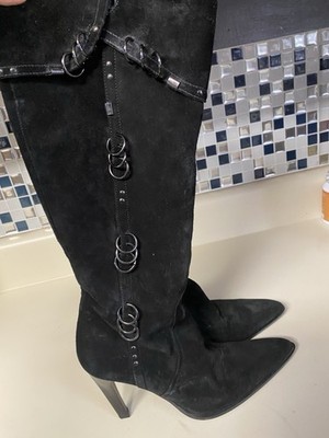 Vintage Omari Y2k Black Suede Tall Boots Pointy With Piercings 37