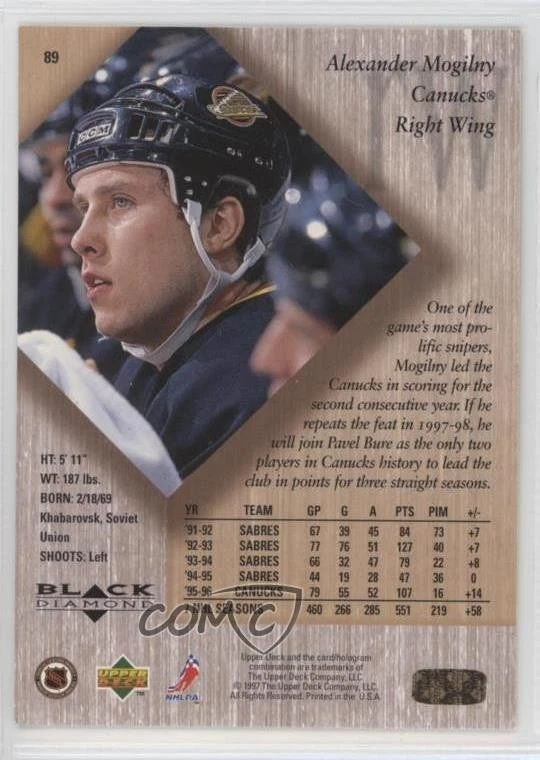 1996-97 Upper Deck Black Diamond Single Diamonds Gold Alexander Mogilny #89 HOF - Image 2 of 2