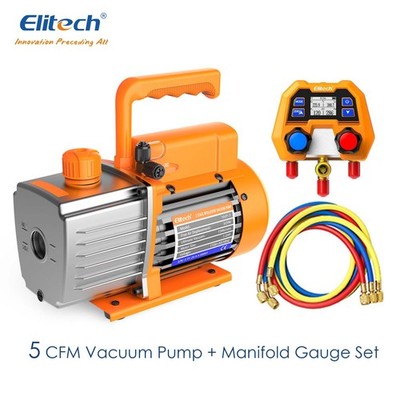 Elitech 5 CFM 1/3HP Air Vacuum Pump HVAC AC Air Tool Manifold Gauge w/ Hose Set