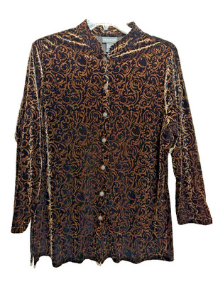Notations Women's size XL Black & Gold Velour Swirl Pattern Button Front Blouse