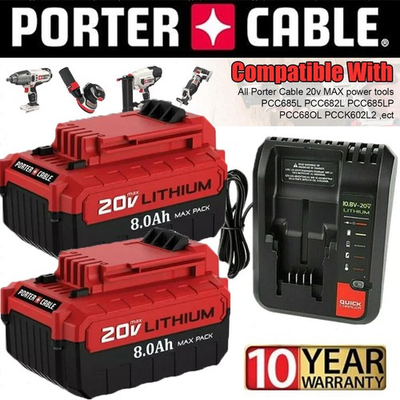 #ad 2PACK 8.0Ah Lithium Battery For Porter Cable 20V MAX PCC685L PCC680L OR Charger $64.00