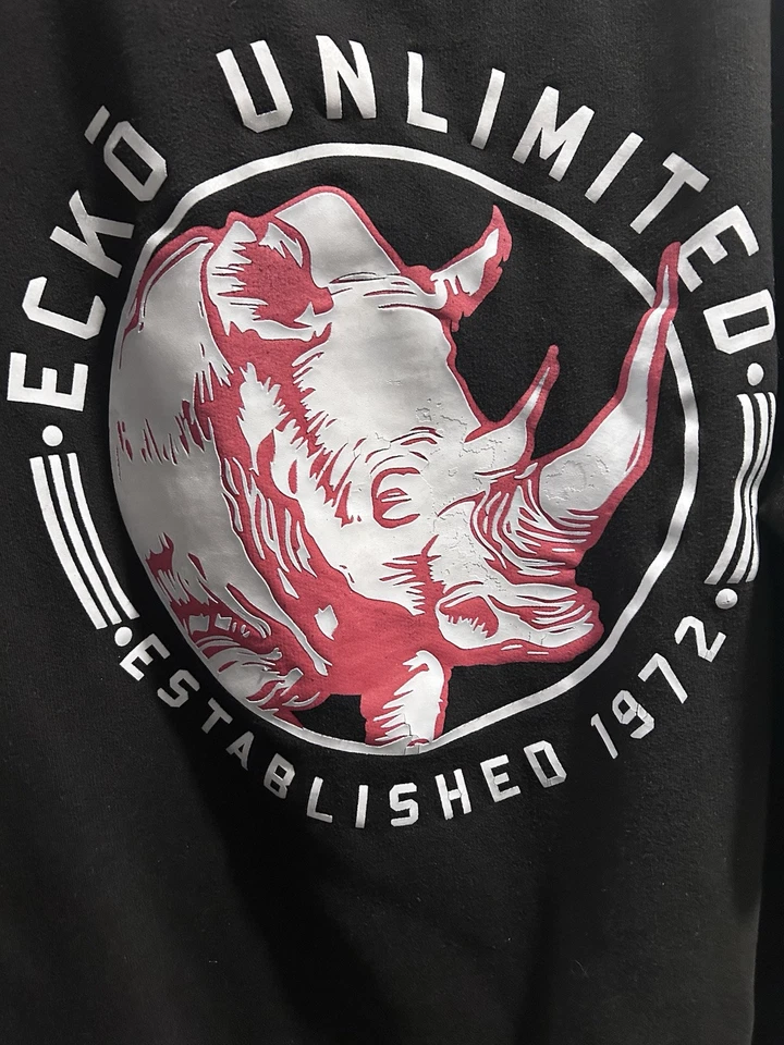 Suéter Ecko Unltd Para Hombres 3XB Negro Gris Logo Gráfico Plisado Rinoceronte Pullover Y2K Foto 3 de 4