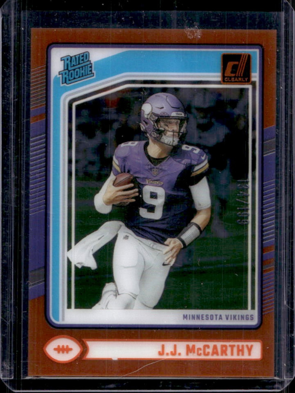 2024 Panini Clearly Donruss J.J. McCarthy Orange Rated Rookie #134/199 Vikings