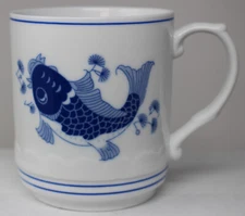 Vintage Cheng's Asian porcelain tea mug Koi fish Qing Shi Bluestone Production