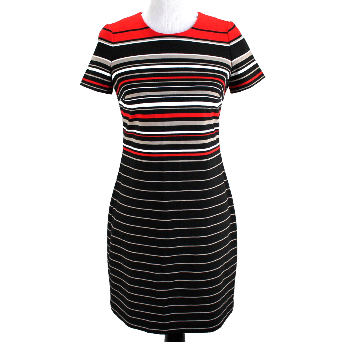 Calvin Klein Sheath Dress Womens Size 4 Red Black Stripe Short Sleeve Ponte  Knit