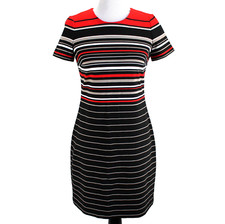 Calvin Klein Sheath Dress Womens Size 4 Red Black Stripe Short Sleeve Ponte Knit