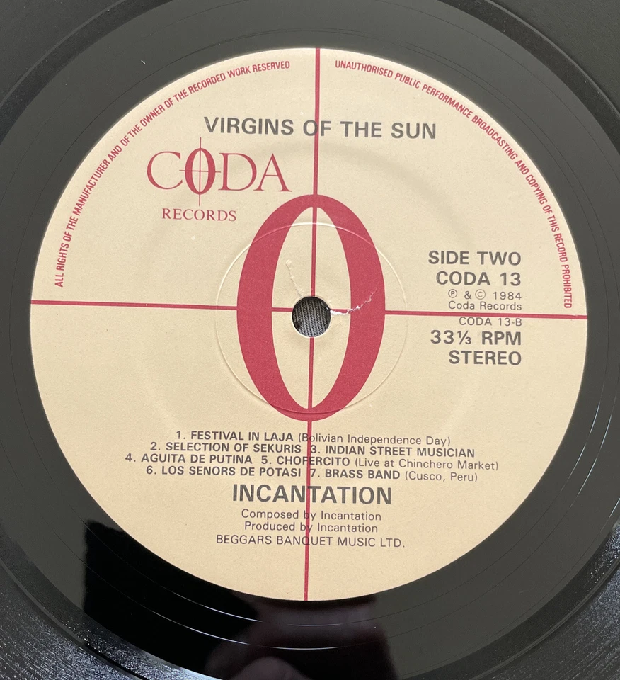 Incantation ‎– Virgins Of The Sun Vinyl LP 33rpm 1984 Coda Records ‎–NM / EX Foto 4 de 4