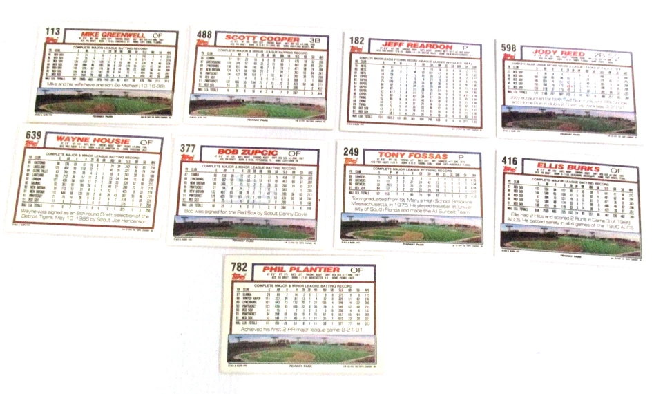 Tarjetas de béisbol de los Medias Rojas 9x MLB #113#488#182#598#249#639#377#782#416 Topps 1992 Foto 4 de 4
