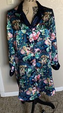 Victorias Secret Vtg Gold Label Blue Floral Button Shirt Nightgown Sz S Satin