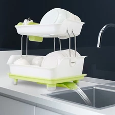 2-Tier Drying Dish Rack and Drain Board Set Utensil Holder for Kitchen Counter