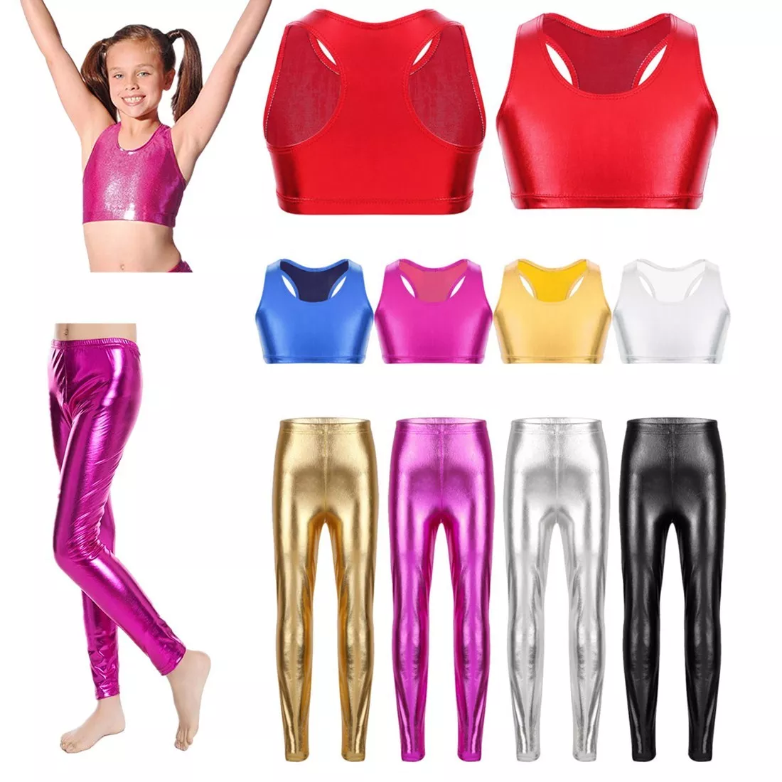 Girls Metallic Dance Leggings Shiny Modern Jazz Crop Tops Party Pants  Dancewear