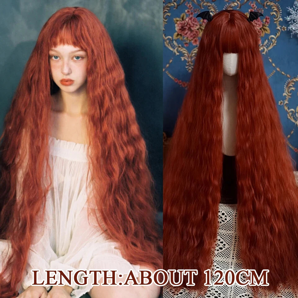 Pelucas sintéticas de pelo ondulado de 120 cm de largo para mujer rojo marrón Coaplay Lolita con flequillo
