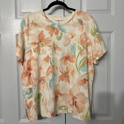 Croft & Barrow Women Top, Comfort 2X Orange Floral Relaxed Fit Short Sleeve