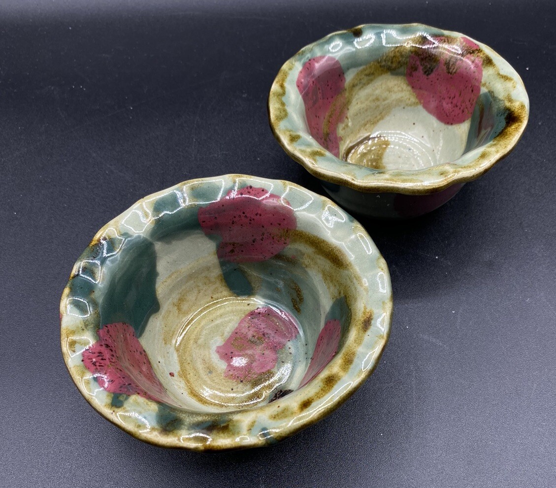 DK Clay 1996 Trinket Dish Salsa Dipping Sauce Bowl Pottery Drip Glaze Lot 2 B