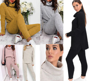 Womens Chunky Knitted Loungewear Ladies Polo High Neck Top Leggings Suit Set