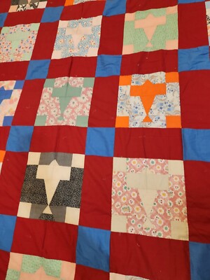 Vintage Quilt Top unfinished multicolor rare grafted Hand Stitched 75''x90''