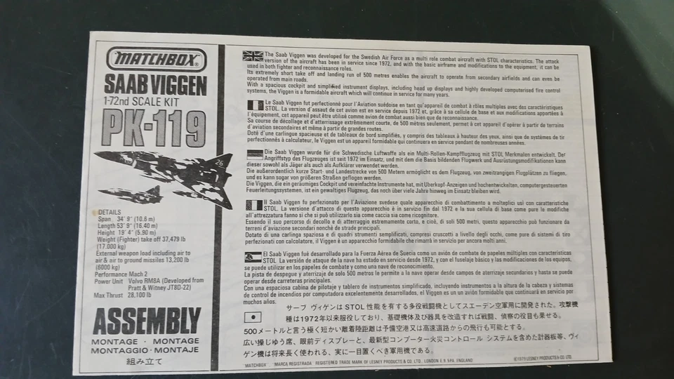 Matchbox PK-119 1/72 SAAB Viggen vintage kit - Image 4 of 4