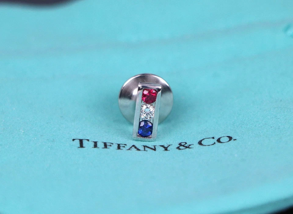 Tiffany & Co Platinum Round Blue Sapphire Ruby Diamond Bar American Flag Tie Pin - Image 4 of 4