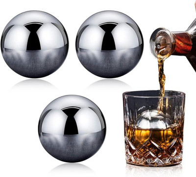 3 Pcs Large round Whiskey Stones Spherical Reusable Stainless Steel Ice Cubes Go