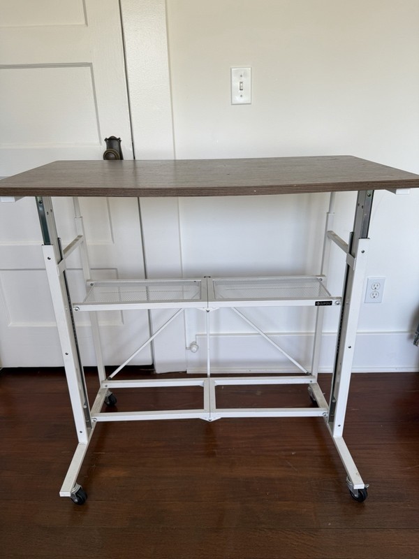 Adjustable Height Rolling Desk Table, Rectangle Wood Grain Top, Mesh Shelf