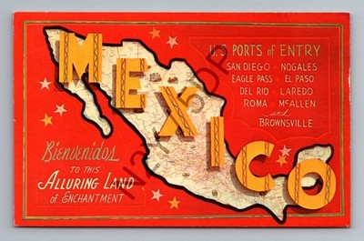 Vintage Mexico Map Art Postcard - US Ports of Entry Travel Souvenir