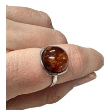Vintage 925 Sterling Silver Baltic Amber Round Large Round Ring Size 8 Boho