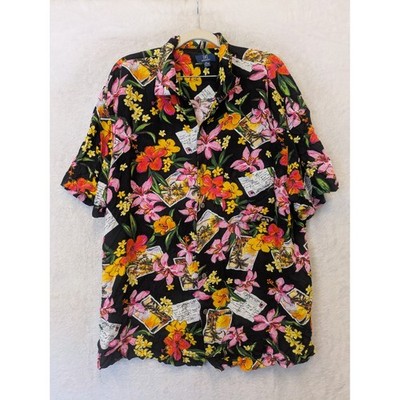 George Button Down Shirt Men's XL Black Floral Postcard Tropical Aloha Rayon