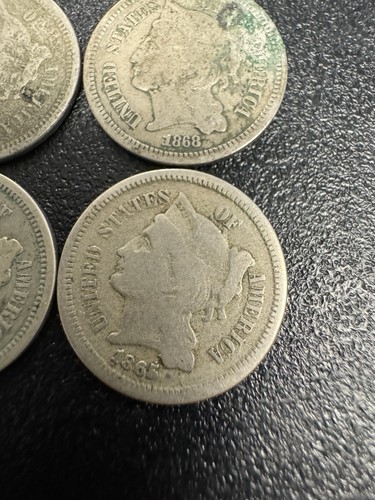 Lot Of Six Three Cent Nickels 1865-1873 zero reserve auction!! Own history! - Picture 2 of 8