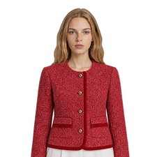Talbots Red Tweed Blazer Women's Size 6 Fringe Gold Button Collarless Jacket