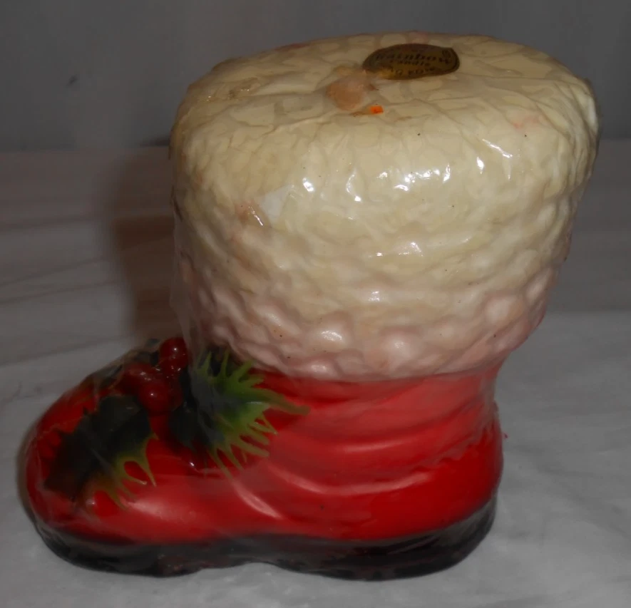 Vintage Santa Boot Wax Candle w Holly Christmas Holiday Decor 5" New Hong Kong image 1