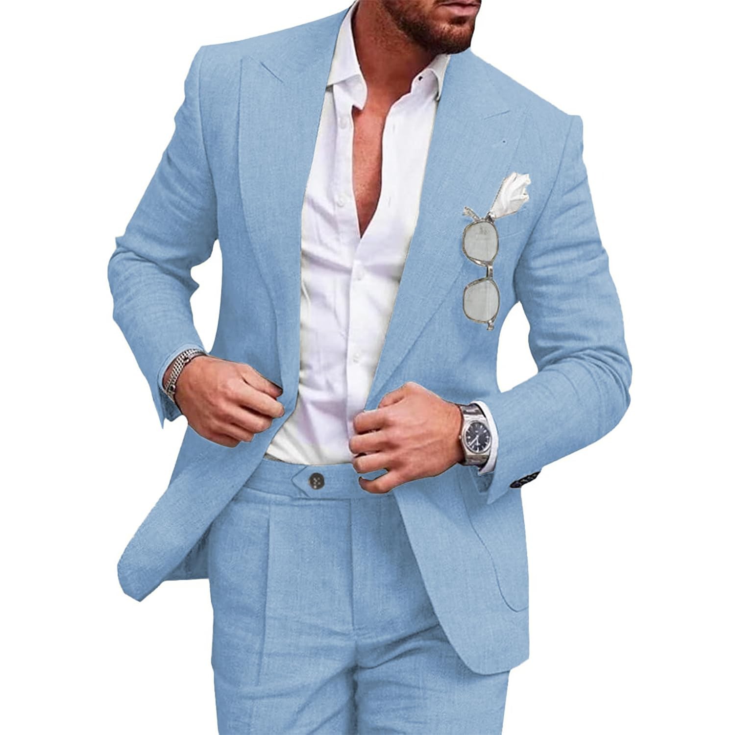 UNINUKOO Linen Suit for Men Summer Wedding 2 Piece Suit Set 