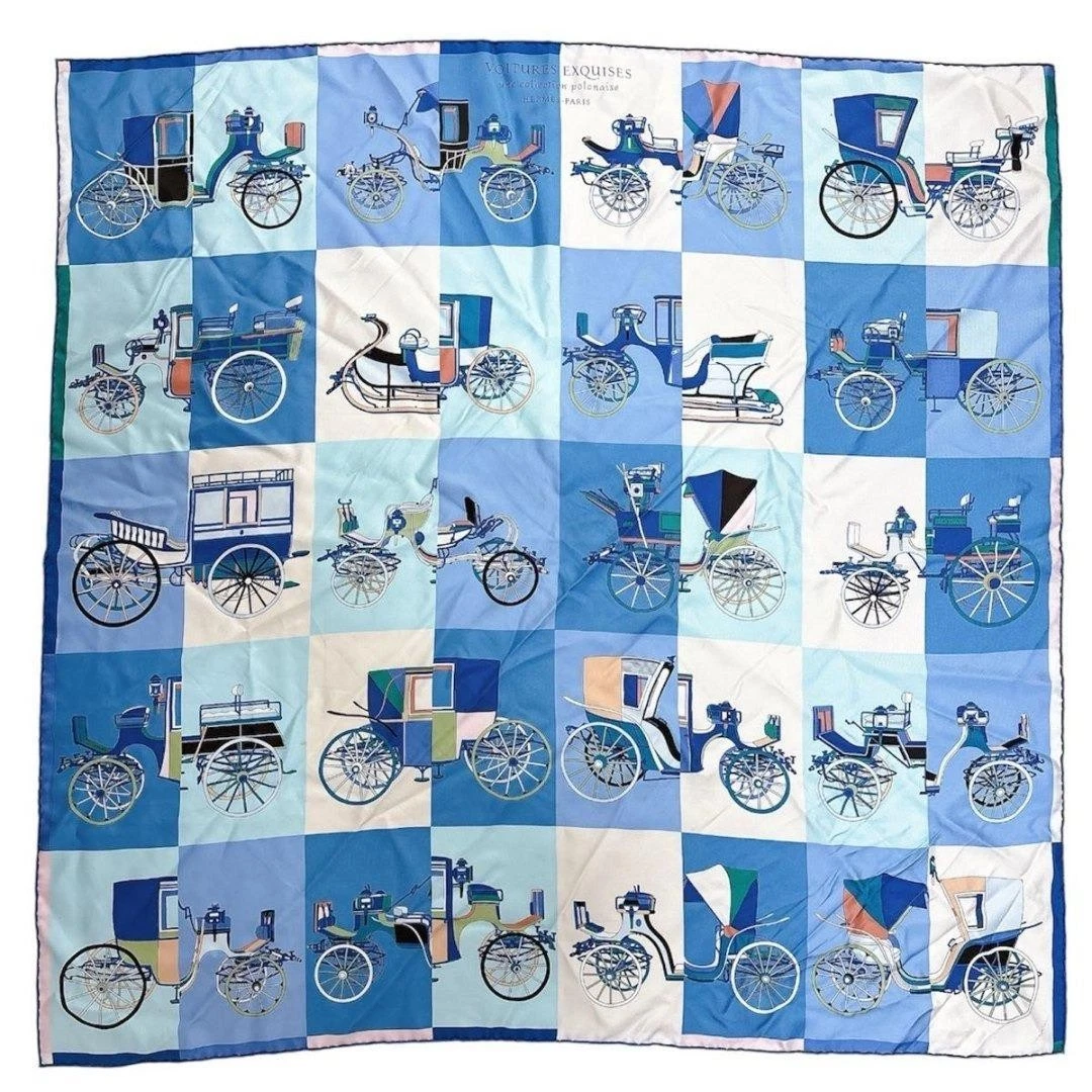 Hermes — HERMES Carre 90 Scarf “Voitures Exquises” Silk Blue / Multicolor SK1389