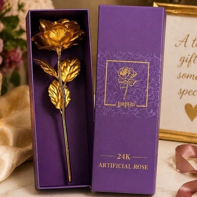 LoveInUSA 24K Artificial Gold Rose Metallic Flower with Purple Gift Box Decor