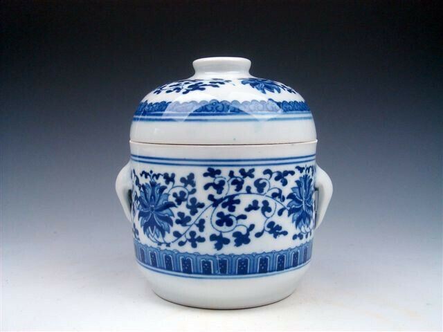Blue&White Porcelain Floral Painted Soup Jar w/ 2 Lidded Cover 2 Handle #051721